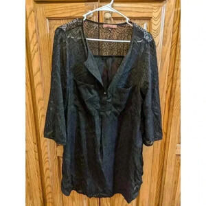 Black semi sheer collared, buttoned tunic by Olive Hill size XL